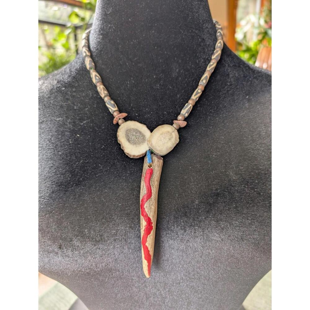 Tribal Style Beaded Necklace Antler Bone Pendant Carved Tusk Boho Ethnic